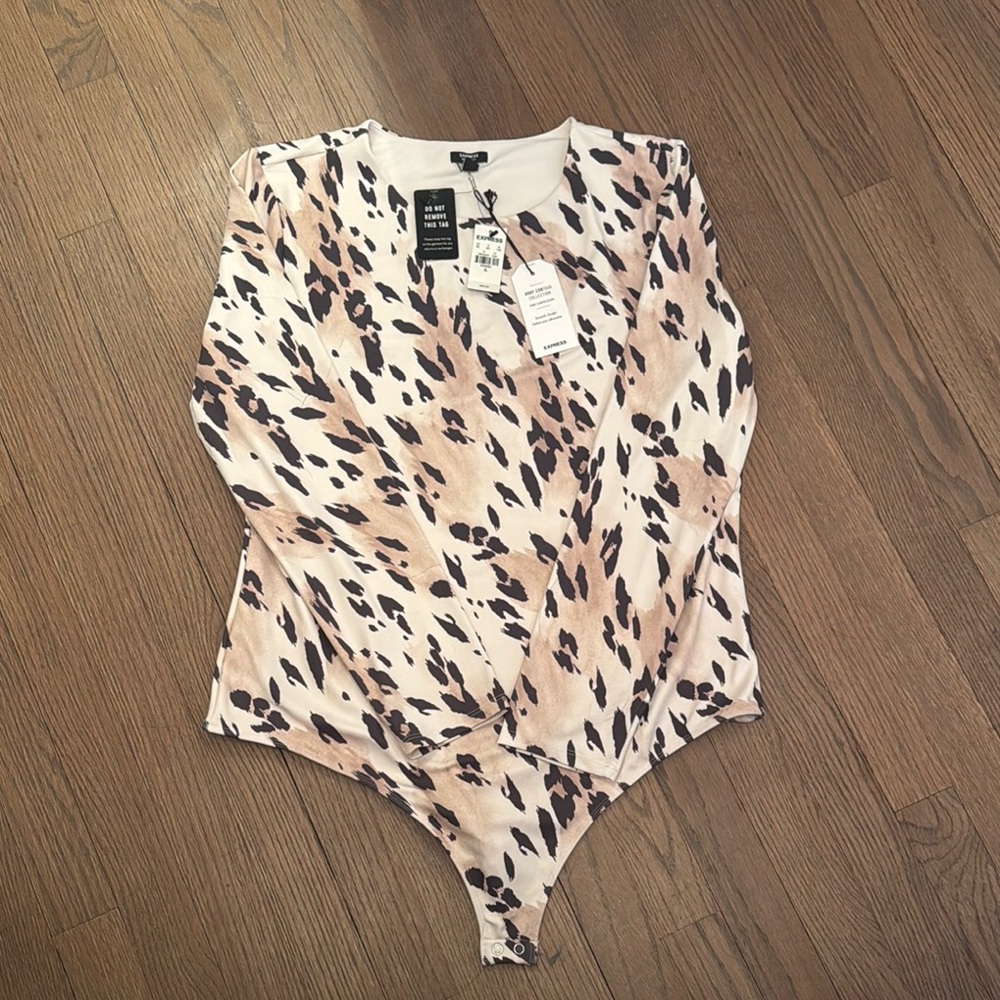 Express BodyCon Leopard Long Sleeve Thong Bodysuit, XL, NWT
